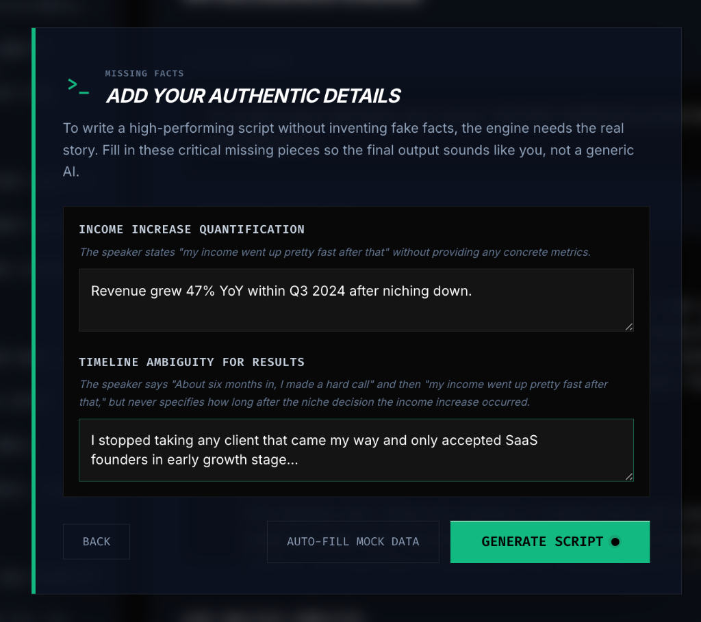 Missing Facts Modal - Add Your Authentic Details